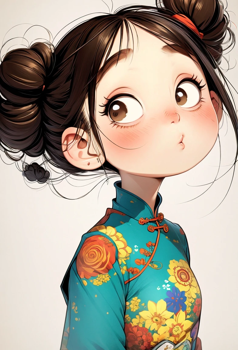 (masterpiece, best quality:1.2), cartoonish character design。1 girl, Solitary,big eyes,Cute expression,Two hair buns,cheongsam,avatar,portrait,interesting,interesting,Clear lines,Human anatomy is correct