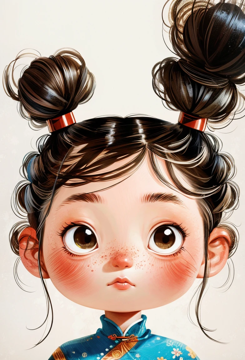 (masterpiece, best quality:1.2), cartoonish character design。1 girl, Solitary,big eyes,Cute expression,Two hair buns,cheongsam,avatar,portrait,interesting,interesting,Clear lines,Human anatomy is correct