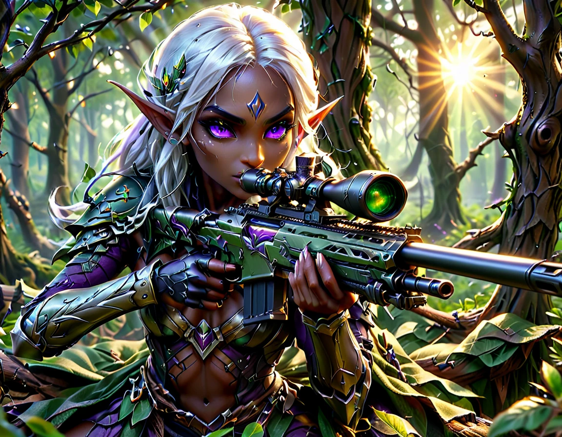 a portrait picture of a 1single female drow elf sniper, lying on a tree branch aiming a sniper rifle, an exotic beautiful elf sniper, white hair, braided hair, (black skin: 1.3),  intense purple eyes, ultra detailed face, small pointed ears, forest green camouflage cloths, on top of a epic fantasy tree, aiming a Barret M82, fantasy fores background, its sunset, sun rays, some clouds,  (full body shot: 1.1) , vibrant, Ultra-high resolution, High Contrast, (masterpiece:1.5), highest quality, Best aesthetics), best details, best quality, highres, ultra wide angle, 16k, [ultra detailed], masterpiece, best quality, (extremely detailed) Sniper Rifle, Intense gaze
