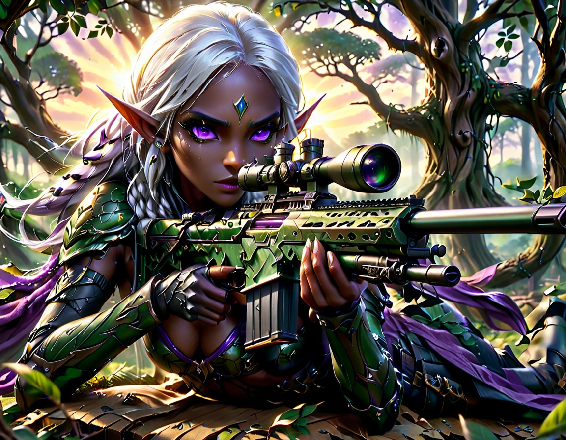 a portrait picture of a 1single female drow elf sniper, lying on a tree branch aiming a sniper rifle, an exotic beautiful elf sniper, white hair, braided hair, (black skin: 1.3),  intense purple eyes, ultra detailed face, small pointed ears, forest green camouflage cloths, on top of a epic fantasy tree, aiming a Barret M82, fantasy fores background, its sunset, sun rays, some clouds,  (full body shot: 1.1) , vibrant, Ultra-high resolution, High Contrast, (masterpiece:1.5), highest quality, Best aesthetics), best details, best quality, highres, ultra wide angle, 16k, [ultra detailed], masterpiece, best quality, (extremely detailed) Sniper Rifle, Intense gaze
