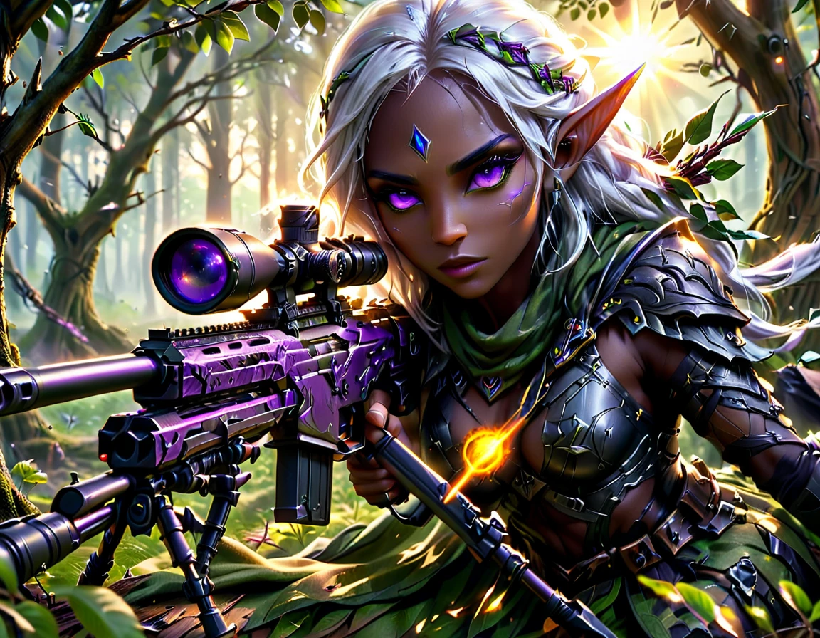 a portrait picture of a 1single female drow elf sniper, lying on a tree branch aiming a sniper rifle, an exotic beautiful elf sniper, white hair, braided hair, (black skin: 1.3),  intense purple eyes, ultra detailed face, small pointed ears, forest green camouflage cloths, on top of a epic fantasy tree, aiming a Barret M82, fantasy fores background, its sunset, sun rays, some clouds,  (full body shot: 1.1) , vibrant, Ultra-high resolution, High Contrast, (masterpiece:1.5), highest quality, Best aesthetics), best details, best quality, highres, ultra wide angle, 16k, [ultra detailed], masterpiece, best quality, (extremely detailed) Sniper Rifle, Intense gaze
