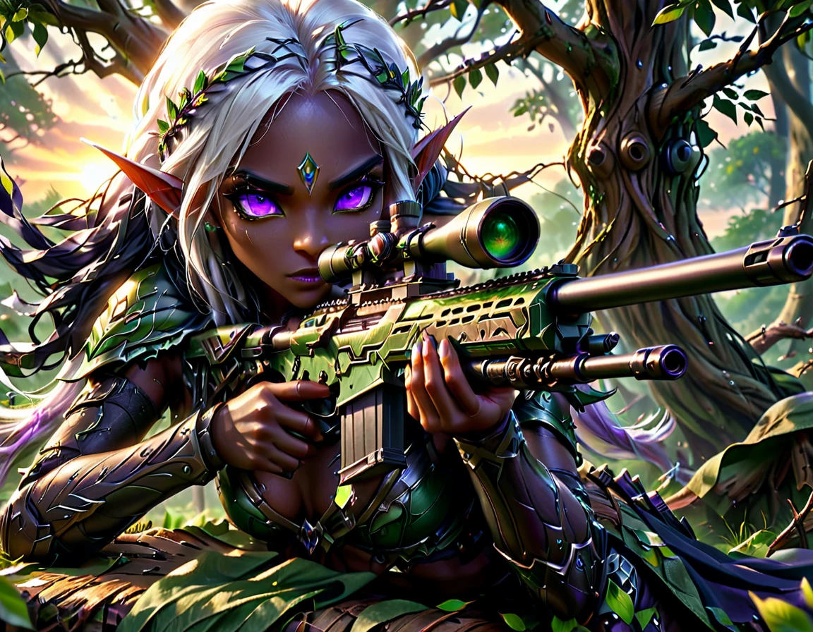 a portrait picture of a 1single female drow elf sniper, lying on a tree branch aiming a sniper rifle, an exotic beautiful elf sniper, white hair, braided hair, (black skin: 1.3),  intense purple eyes, ultra detailed face, small pointed ears, forest green camouflage cloths, on top of a epic fantasy tree, aiming a Barret M82, fantasy fores background, its sunset, sun rays, some clouds,  (full body shot: 1.1) , vibrant, Ultra-high resolution, High Contrast, (masterpiece:1.5), highest quality, Best aesthetics), best details, best quality, highres, ultra wide angle, 16k, [ultra detailed], masterpiece, best quality, (extremely detailed) Sniper Rifle, Intense gaze
