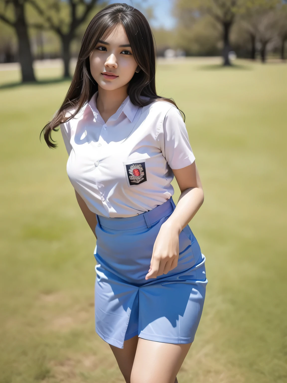 1girl, (uniform), standing, outdoors, detailed face, detailed eyes, thick breasts, shiny skin, tight shirt, grey blue short skirt, looking at the audience, low angle shot,(8k, RAW photo, best quality, masterpiece: 1.2), (realistic, realistic: 1.37), ultra-high resolution