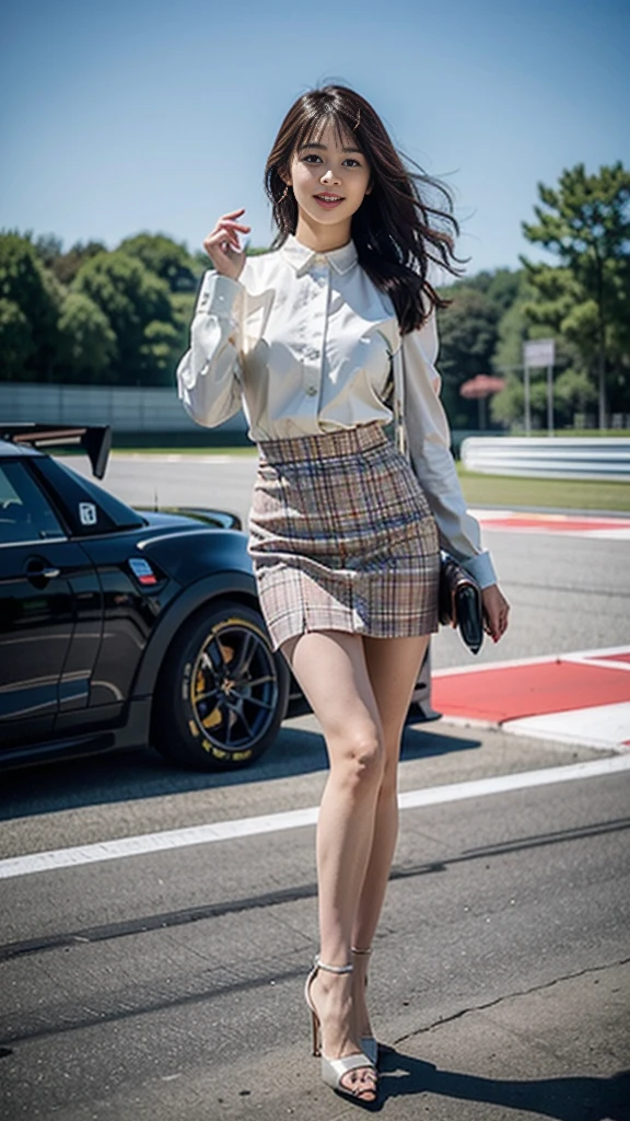 ((Grid Girl Costumes、Accentuate your breasts、Full body photo:1.24))、(See the red and white Formula One carcLaren、Racing Car:1.2)、(Kodak Portra 800 Film SMC Takumar 35mm F/ 2. 8 50 seconds:1.1)、(RAW Photos、Realistic:1.4)、One Girl、beautiful girl、Race Queen、Very detailedな目と顔、Beautifully detailed dark brown eyes、Very detailed、Detailed Hair、High resolution、Highest quality、masterpiece、Very detailed、8k、Outdoor、20 year old Japanese woman、Mid-chest、8th life、(Auto Racing Track、On the circuit、San Marino Grand Prix:1.37)、smile、Cute atmosphere、Wearing high heels、Beautiful feet、Clear photos、Perfect proportions、Semi-long hair、Outdoorで、Dynamic pose、Perfect limbs、Anatomically correct、mini skirt