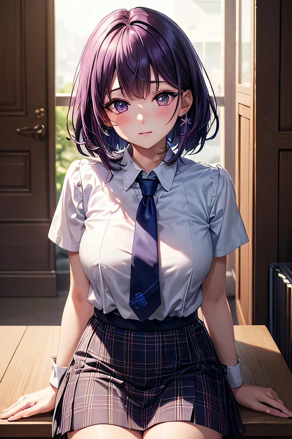 (Very detailed CG Unity 8K 壁紙),(masterpiece), (Highest quality), (Very detailed), (Best illustrations),(Best Shadow), Large Breasts,16 years old,Purple eyes and very short purple hair,blush、White blouse,Blue tie,Checked mini skirt(She&#39;s sticking out her butt and showing her underwear).,beige cardigan,classroom、Sit at a desk、Angle from behind