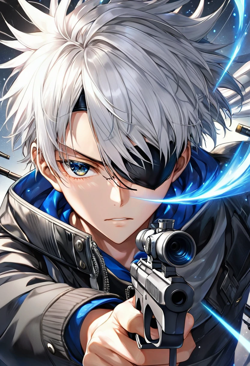 ( 正確Perfect anatomical structure )一名身穿黑色衬衫的男孩載 Single eye black eyepatch ( Single eye black eyepatch)、scarf, gray hair, Close up high dynamic range of man with spiky hair and white hair pointing gun forward dynamic sniper ( perfect anatomy ) Aim forward and emit bright light ( Perfect anatomical structure ) Handsome black jacket blue silver shiny swirling high dynamic vortex around man, Vortex Dynamic Masterpiece Perfect Composition Intricate Details Meticulous Digital Art