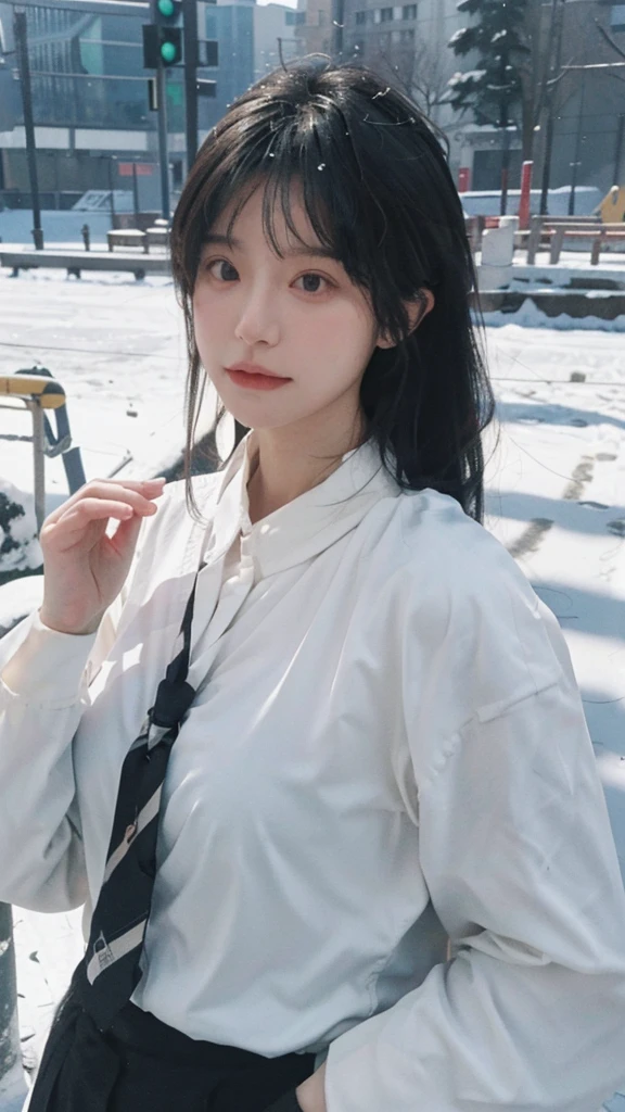Best quality,masterpiece,Ultra-high resolution,snow,16K,Snow background,(Photo Realism:1.4),1 Girl,JK,Sexy,(Shirt and Tie:1.2),(Big breasts:1.3),(Upper body:1.4)