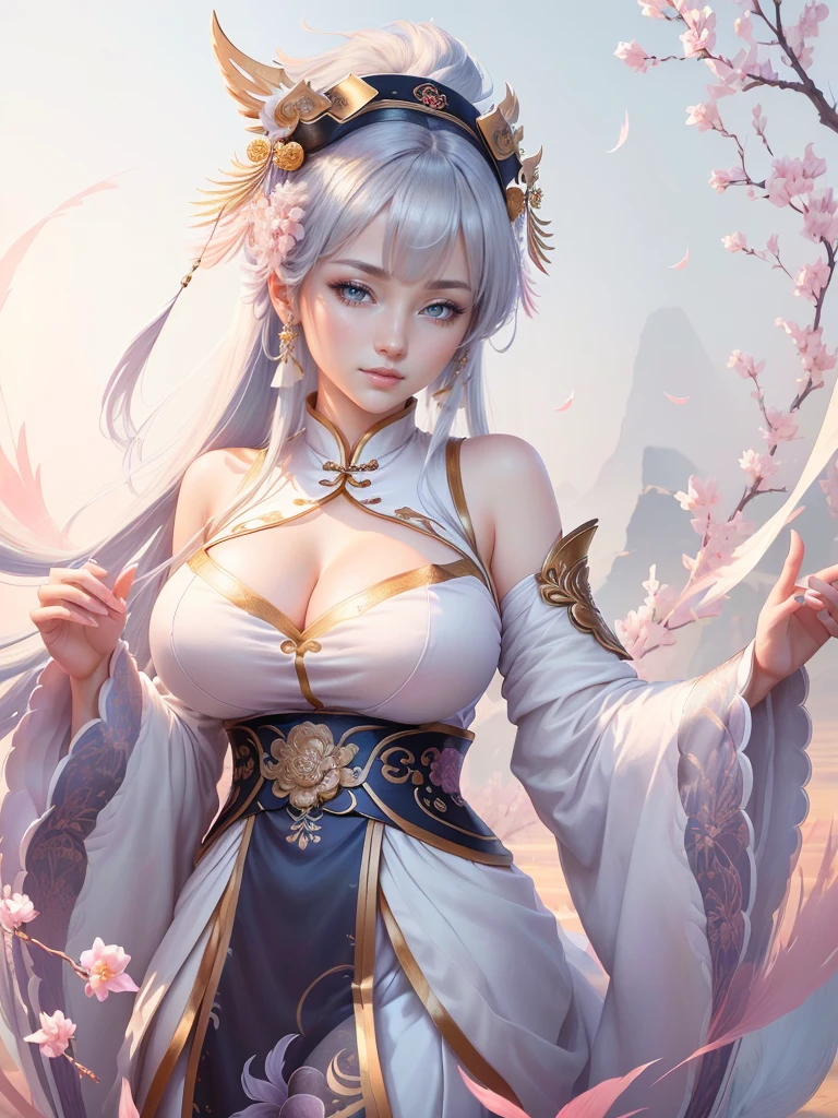 anime lady in a silver dress with a feather on her head, yun ling, inspired by Li Mei-shu, full body xianxia, highly detailed exquisite fanart, inspired by Pu Hua, inspired by Ju Lian, yang qi, lei min, Highly detailed CG unit 8k wallpaper, masterpiece, High resolution, highest quality, highest quality real texture skin, Super Real, Digital Painting, Best image quality, 最High resolution, 8k, ((Highly detailed eyes and face, Beautiful eyes every detail)), 1girl, Full Body Shot, smile, (china clothes, オフショルダー, disproportionate breasts, huge breasts, gigantic breasts, ),