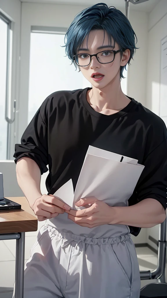 1 boy, Ages 5-6 ,alone, sit (looking at the audience), (black shirt:1.5), long skirt ,Stylish clothes for men, children with glasses /(blue hair/) ใบหน้าที่เป็นworry, open mouth (A masterpiece of the best quality.:1.2) , Delicate illustrations, Special details, (hospital examination room) In the building, Detailed background of the table, worry