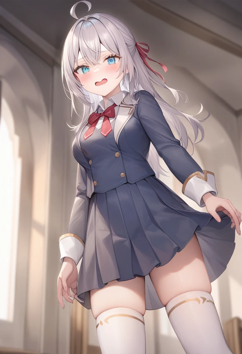 One girl, Alisa Mikhailovna Kujo,Tomorrow, my friend, Arya-san, will be visiting Russia.,alone, Long Hair, Eyebrows visible through hair, Hair between the eyes, Silver Hair, Hair Ribbon, blue eyes, Medium chest, ,White legwear,zettai ryouiki, Long sleeve, Jacket,
From below, The legs are detached from the frame, View your viewers, Blush all over face, In the Darkness of the Church, Mouth closed,
Highest quality, so beautiful, Absurd