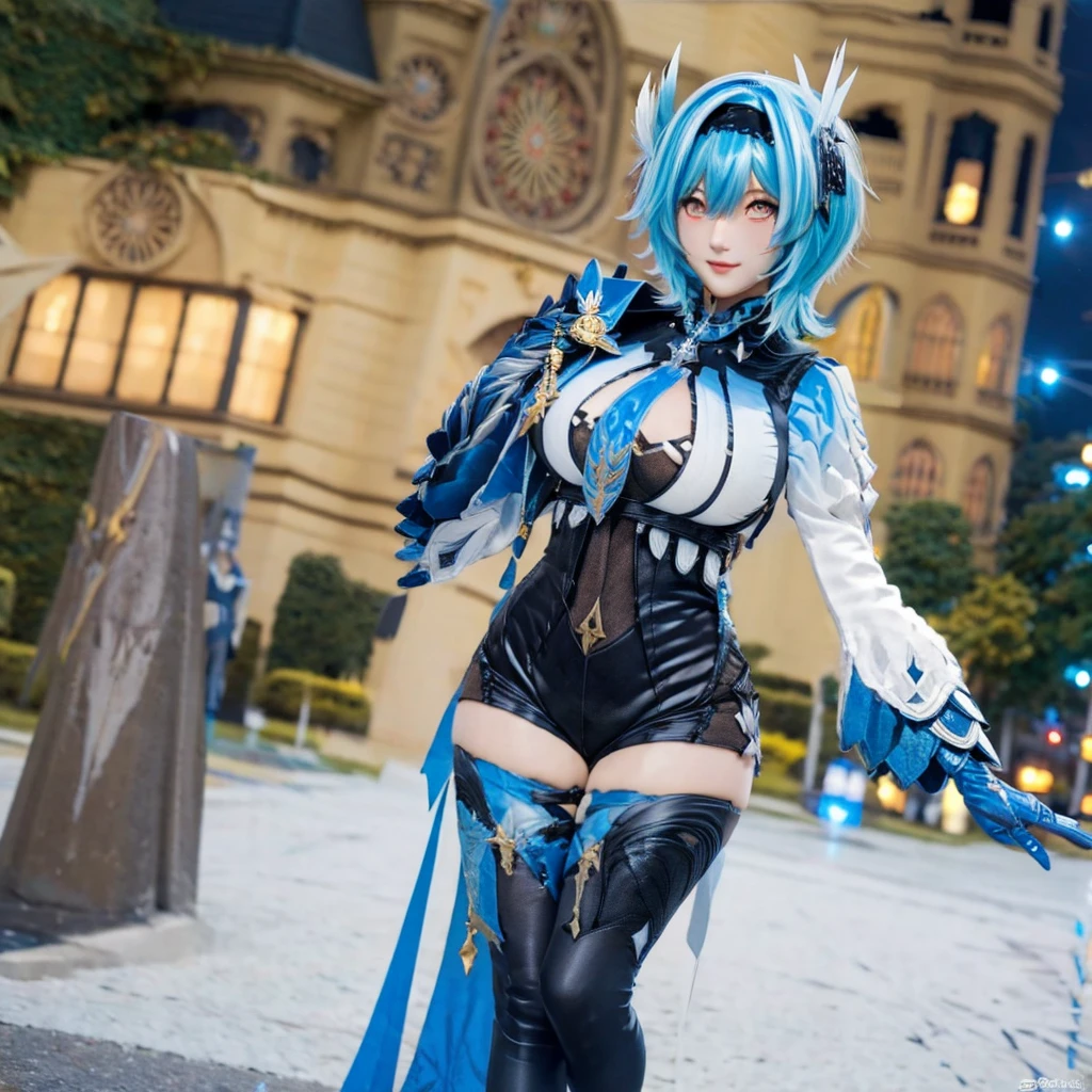 1girl, blue hair, short hair, thighhighs, hairband, bangs, symmetry eyes, cityscape, night, legs, street advertising, detailed face, medium breasts, (looking at viewer:1.2), black kneehighs, (pantyhose:1), smooth chin, (ulzzang-6500:0.75), big eyes, (smile:0.9), (upper body:1.2), closed mouth, close to viewer, game cg, rendering, facing viewer, (photorealistic:1.6), bodysuit, detailed face, (high-waist shorts:1.2),