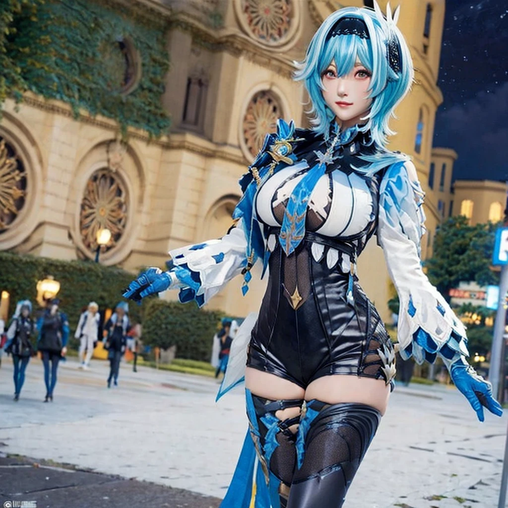 1girl, blue hair, short hair, thighhighs, hairband, bangs, symmetry eyes, cityscape, night, legs, street advertising, detailed face, medium breasts, (looking at viewer:1.2), black kneehighs, (pantyhose:1), smooth chin, (ulzzang-6500:0.75), big eyes, (smile:0.9), (upper body:1.2), closed mouth, close to viewer, game cg, rendering, facing viewer, (photorealistic:1.6), bodysuit, detailed face, (high-waist shorts:1.2),