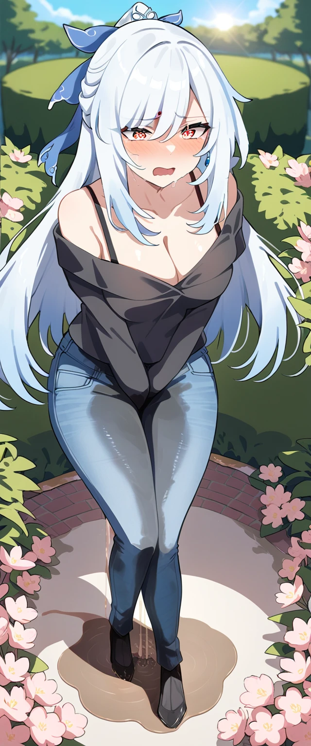 (masterpiece:1.37), best quality, (extremely detailed:1.37), (1girl:1.5), woman, (mature:1.5), (adult:1.5), jingliu, white hair, long hair, ponytail, hair ribbon, red eyes, earrings, jewelry, (jeans:1.25), (extremely detailed eyes:1.37), (wetting self:1.75), desperation, (standing:1.5), embarrassed, humiliation, blushing, angry, cherry blossoms, garden, (golden hour:1.5), full body, (crossing legs:1.5), from above