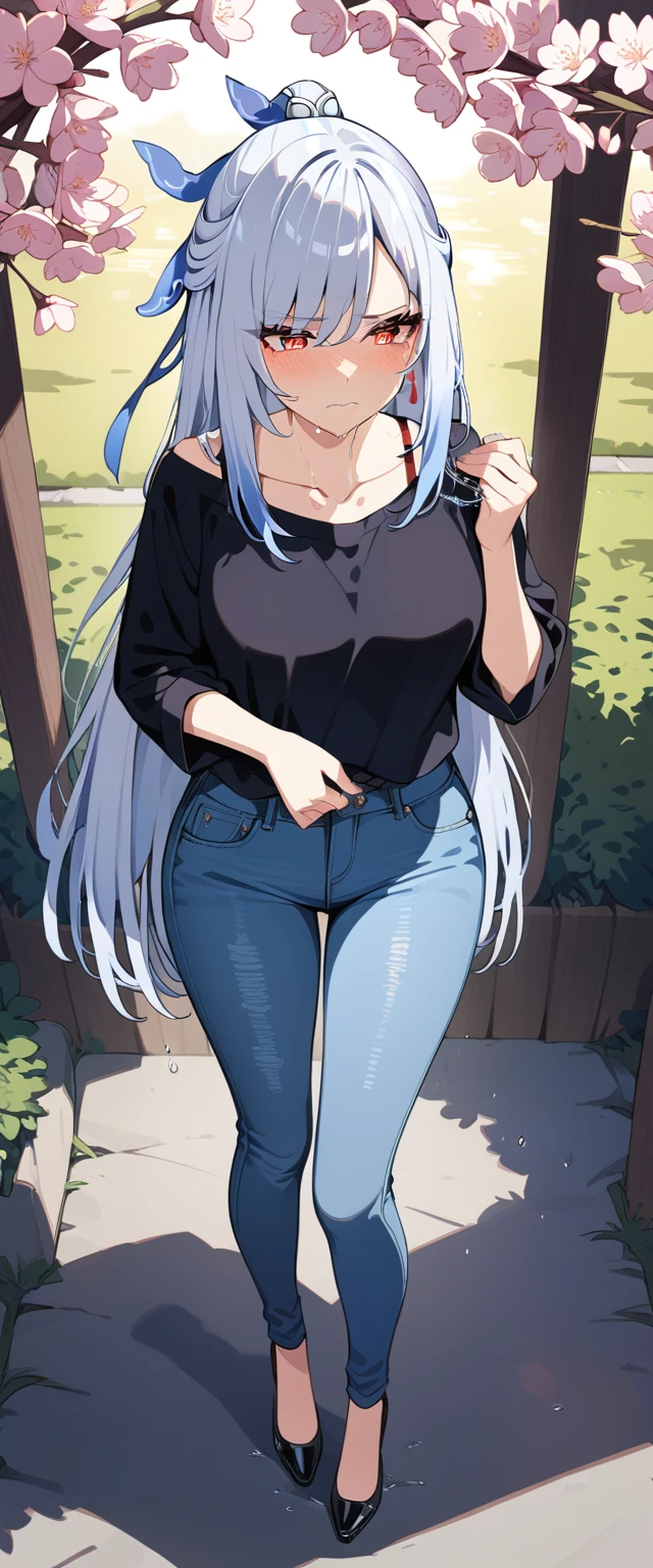 (masterpiece:1.37), best quality, (extremely detailed:1.37), (1girl:1.5), woman, (mature:1.5), (adult:1.5), jingliu, white hair, long hair, ponytail, hair ribbon, red eyes, earrings, jewelry, (jeans:1.25), (extremely detailed eyes:1.37), (wetting self:1.75), desperation, (standing:1.5), embarrassed, humiliation, blushing, angry, cherry blossoms, garden, (golden hour:1.5), full body, (crossing legs:1.5), from above