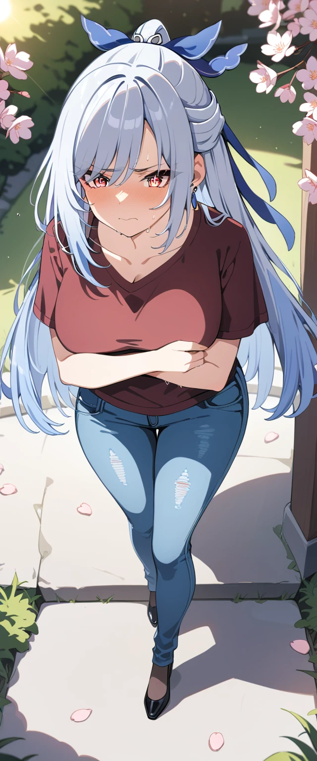 (masterpiece:1.37), best quality, (extremely detailed:1.37), (1girl:1.5), woman, (mature:1.5), (adult:1.5), jingliu, white hair, long hair, ponytail, hair ribbon, red eyes, earrings, jewelry, (jeans:1.25), (extremely detailed eyes:1.37), (wetting self:1.75), desperation, (standing:1.5), embarrassed, humiliation, blushing, angry, cherry blossoms, garden, (golden hour:1.5), full body, (crossing legs:1.5), from above