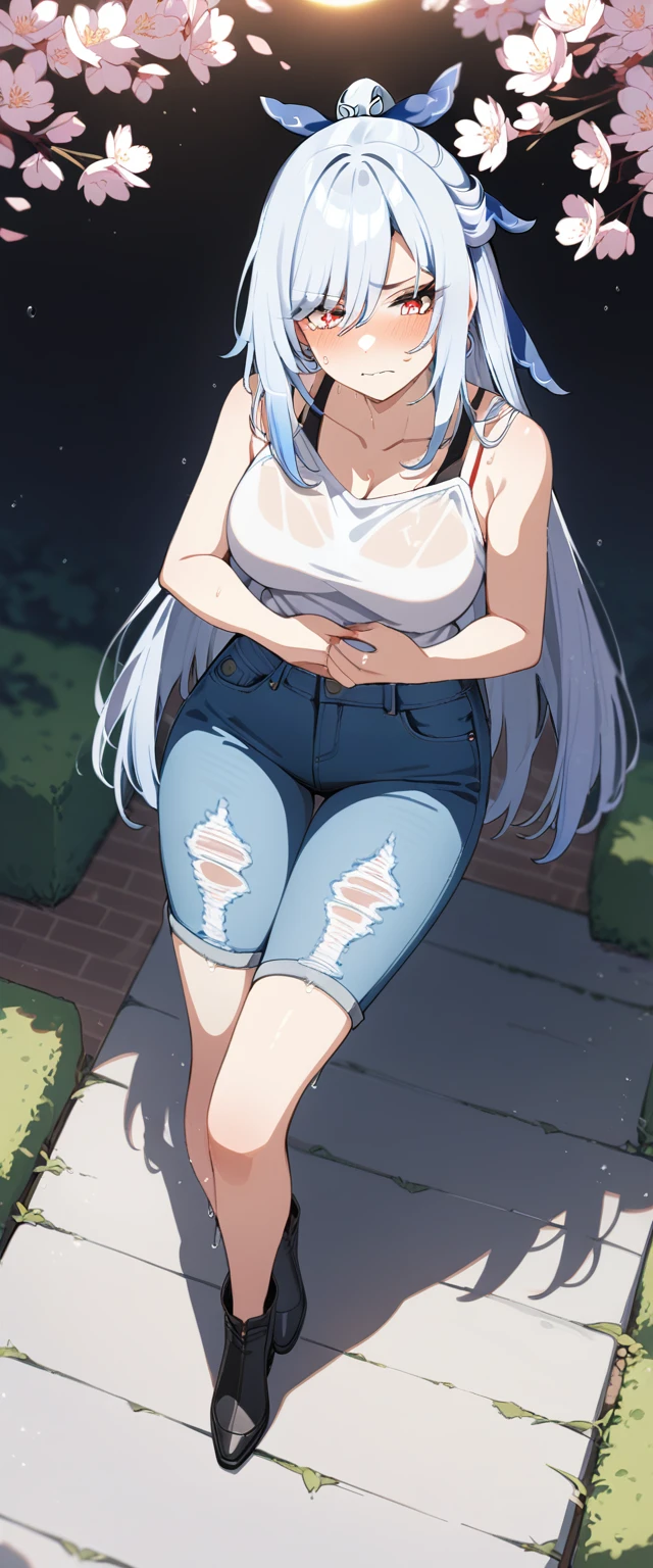 (masterpiece:1.37), best quality, (extremely detailed:1.37), (1girl:1.5), woman, (mature:1.5), (adult:1.5), jingliu, white hair, long hair, ponytail, hair ribbon, red eyes, earrings, jewelry, (jeans:1.25), (extremely detailed eyes:1.37), (wetting self:1.75), desperation, (standing:1.5), embarrassed, humiliation, blushing, angry, cherry blossoms, garden, (golden hour:1.5), full body, (crossing legs:1.5), from above