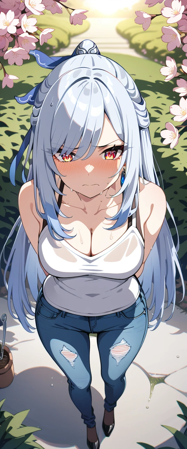 (masterpiece:1.37), best quality, (extremely detailed:1.37), (1girl:1.5), woman, (mature:1.5), (adult:1.5), jingliu, white hair, long hair, ponytail, hair ribbon, red eyes, earrings, jewelry, (jeans:1.25), (extremely detailed eyes:1.37), (wetting self:1.75), desperation, (standing:1.5), embarrassed, humiliation, blushing, angry, cherry blossoms, garden, (golden hour:1.5), full body, (crossing legs:1.5), from above