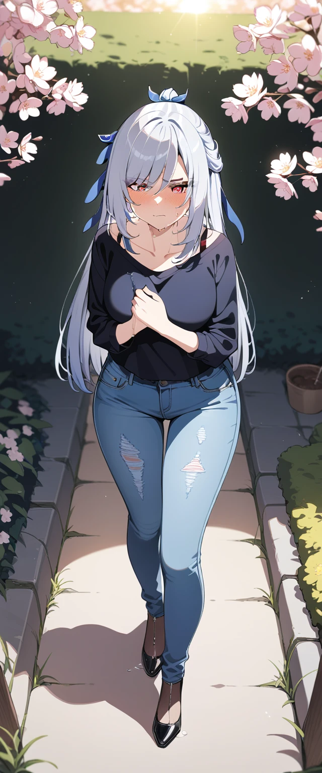 (masterpiece:1.37), best quality, (extremely detailed:1.37), (1girl:1.5), woman, (mature:1.5), (adult:1.5), jingliu, white hair, long hair, ponytail, hair ribbon, red eyes, earrings, jewelry, (jeans:1.25), (extremely detailed eyes:1.37), (wetting self:2.0), desperation, (standing:1.5), embarrassed, humiliation, blushing, angry, cherry blossoms, garden, (golden hour:1.5), full body, (crossing legs:1.5), from above