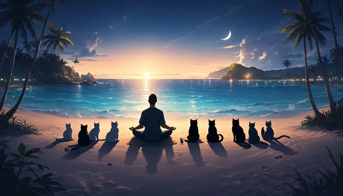 Western person meditating surrounded by cats. The setting is a tropical island. Beautiful landscape with beach on night beach. cinematic lighting. Men meditating