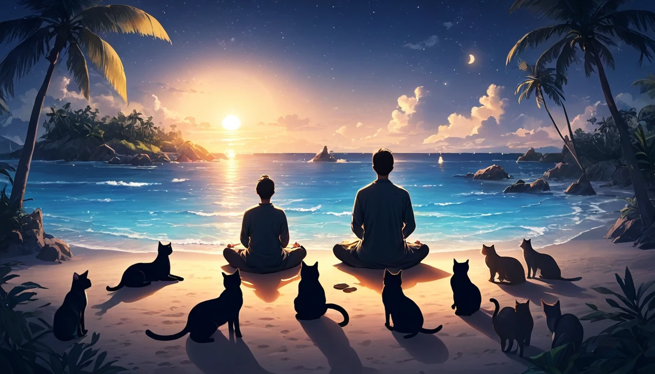 Western person meditating surrounded by cats. The setting is a tropical island. Beautiful landscape with beach on night beach. cinematic lighting. Men meditating