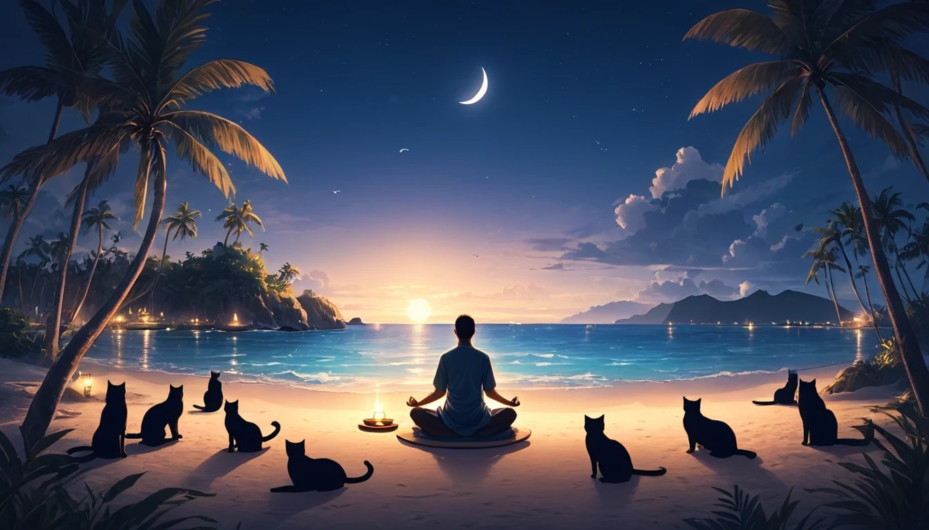 Western person meditating surrounded by cats. The setting is a tropical island. Beautiful landscape with beach on night beach. cinematic lighting. Men meditating