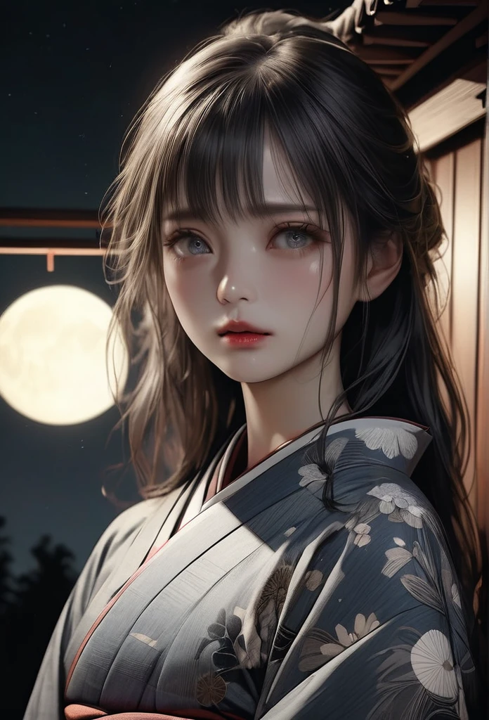 beautiful detailed eyes, beautiful detailed lips, extremely detailed eyes and face, longeyelashes, 1girl, traditional japanese clothing, kimono, night, moonlight, moon, sad expression, melancholic, moody, atmospheric, ukiyo-e style, woodblock print, muted colors, dark tones, cinematic lighting, dramatic lighting, chiaroscuro, (best quality,4k,8k,highres,masterpiece:1.2),ultra-detailed,(realistic,photorealistic,photo-realistic:1.37)