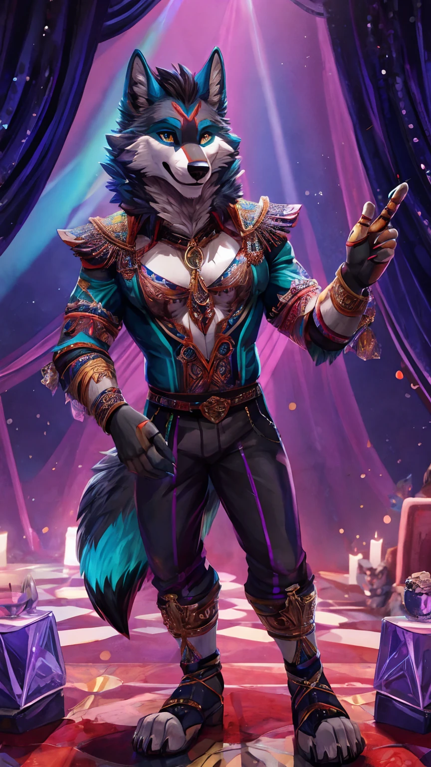 Im your puppet you pull my strings, a wolf puppet dancing in the palm of a hand, wolf anthro