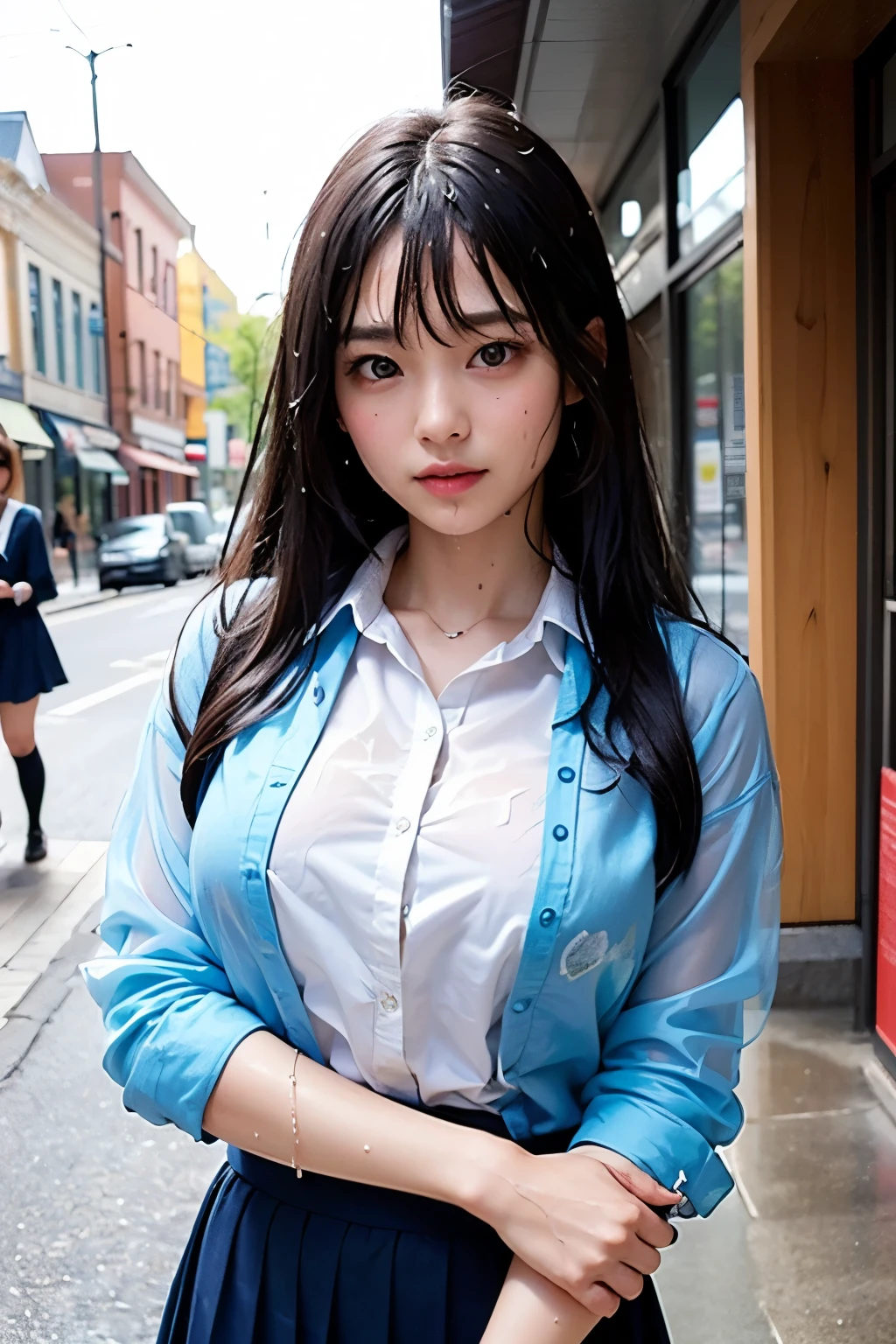 (Sexy pose),

(Highest quality, 8k, 32k, masterpiece, Ultra-high resolution:1.2), Cute Japanese Girl, (Huge breasts:1.1), Long black hair, bangs, (My whole body is wet:1.2),(Sweat is dripping:1.1),Idol,Natural Makeup,

(high school girl),(Wet transparent school uniform:1.3),(Your clothes are wet:1.4),(The clothes are transparent:1.4),(Clothes stick to the skin:1.4),No underwear,Tight waist, (Outdoor, Main Street, blue sky,),Upper body close-up、Strong sunlight、