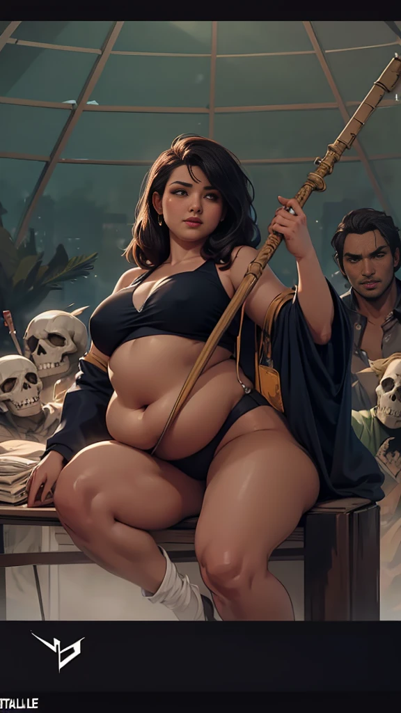Bbw girl holding her huge fat chubby soft belly, she's sitting next to a dragon skull. Pretty face, red cheeks, très détaillée, robe noire, gros ventre, fat face