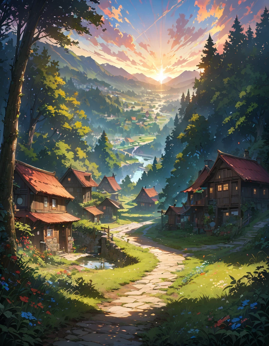 a highly detailed and realistic map of a deep, mysterious forest surrounding a village, with dramatic lighting and shadows to enhance the immersion, the path leading to the village, ultra-detailed, 4k, 8k, highres, masterpiece, ultra-fine painting, physically-based rendering, vivid colors, professional, landscape