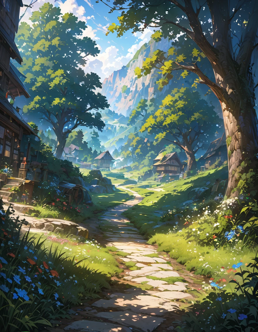 a highly detailed and realistic map of a deep, mysterious forest surrounding a village, with dramatic lighting and shadows to enhance the immersion, the path leading to the village, ultra-detailed, 4k, 8k, highres, masterpiece, ultra-fine painting, physically-based rendering, vivid colors, professional, landscape