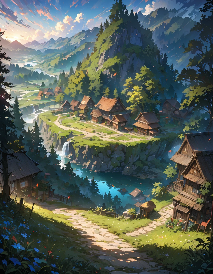 a highly detailed and realistic map of a deep, mysterious forest surrounding a village, with dramatic lighting and shadows to enhance the immersion, the path leading to the village, ultra-detailed, 4k, 8k, highres, masterpiece, ultra-fine painting, physically-based rendering, vivid colors, professional, landscape