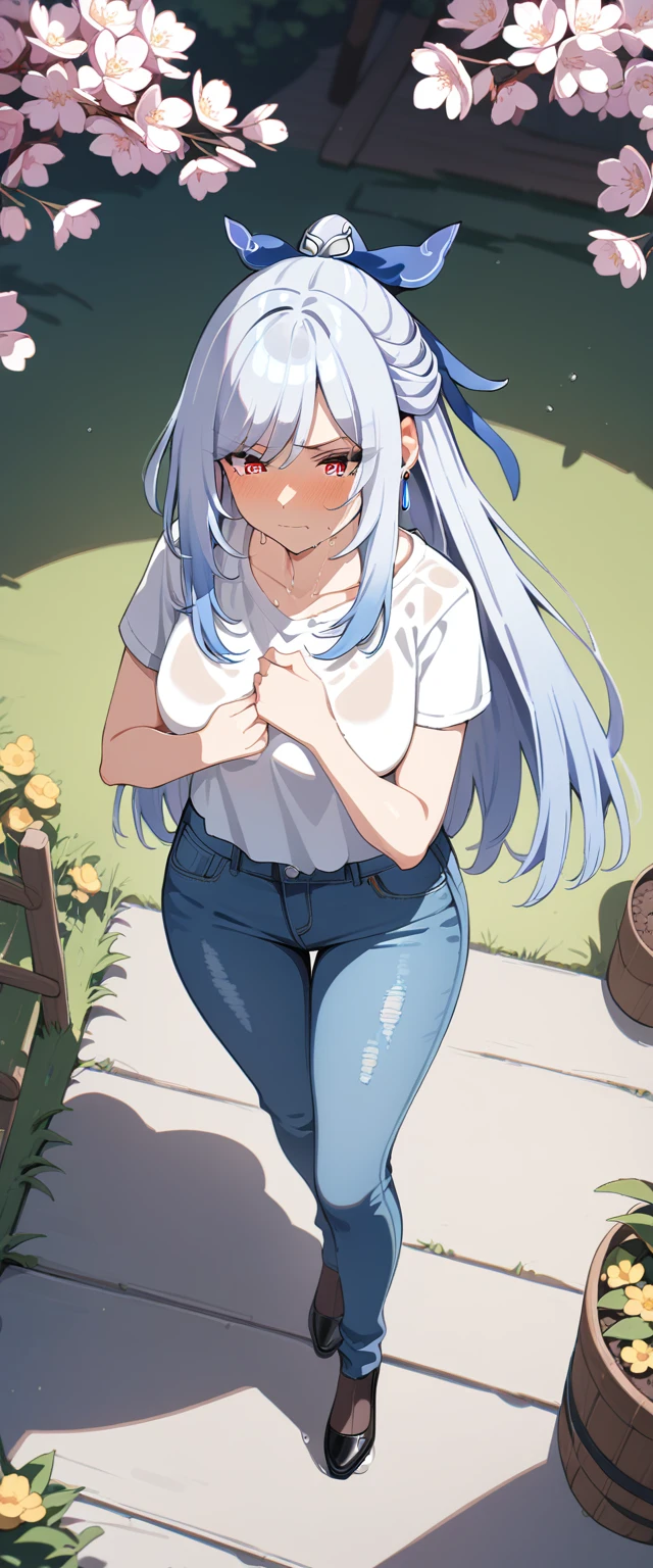 (masterpiece:1.37), best quality, (extremely detailed:1.37), (1girl:1.5), woman, (mature:1.5), (adult:1.5), jingliu, white hair, long hair, ponytail, hair ribbon, red eyes, earrings, jewelry, (jeans:1.25), (extremely detailed eyes:1.37), (wetting self:1.75), desperation, (standing:1.5), embarrassed, humiliation, blushing, angry, cherry blossoms, garden, (golden hour:1.5), full body, (crossing legs:1.5), from above
