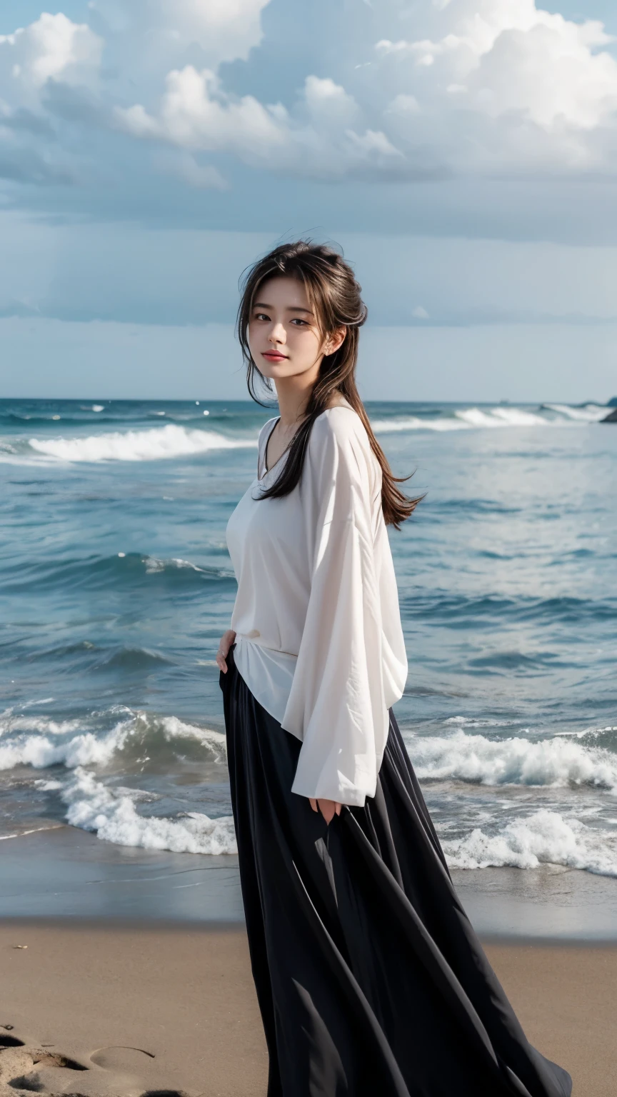 Create a serene portrait of a young woman standing on a beach. She is wearing a loose-fitting white blouse, paired with a long black skirt. Her eyes are closed, and she has a peaceful expression on her face, enjoying the moment. The background features gentle waves crashing onto the shore under a cloudy sky, creating a tranquil and calming atmosphere. The overall mood of the image is reflective and serene, capturing the essence of relaxation and peace by the sea.