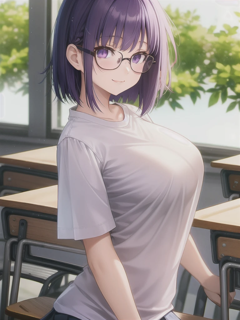 1girl, cowboy shot, classroom, smile, glasses, 
nitengojigen_ririsa, purple eyes, purple hair, short hair, bangs, lace underwear, short sleeves, Show your breasts,sex, pleated skirt, best quality, masterpiece, highres, sleep position,