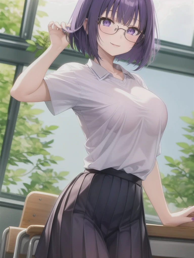 1girl, cowboy shot, classroom, smile, glasses, 
nitengojigen_ririsa, purple eyes, purple hair, short hair, bangs, lace underwear, short sleeves, Show your breasts,sex, pleated skirt, best quality, masterpiece, highres, sleep position,