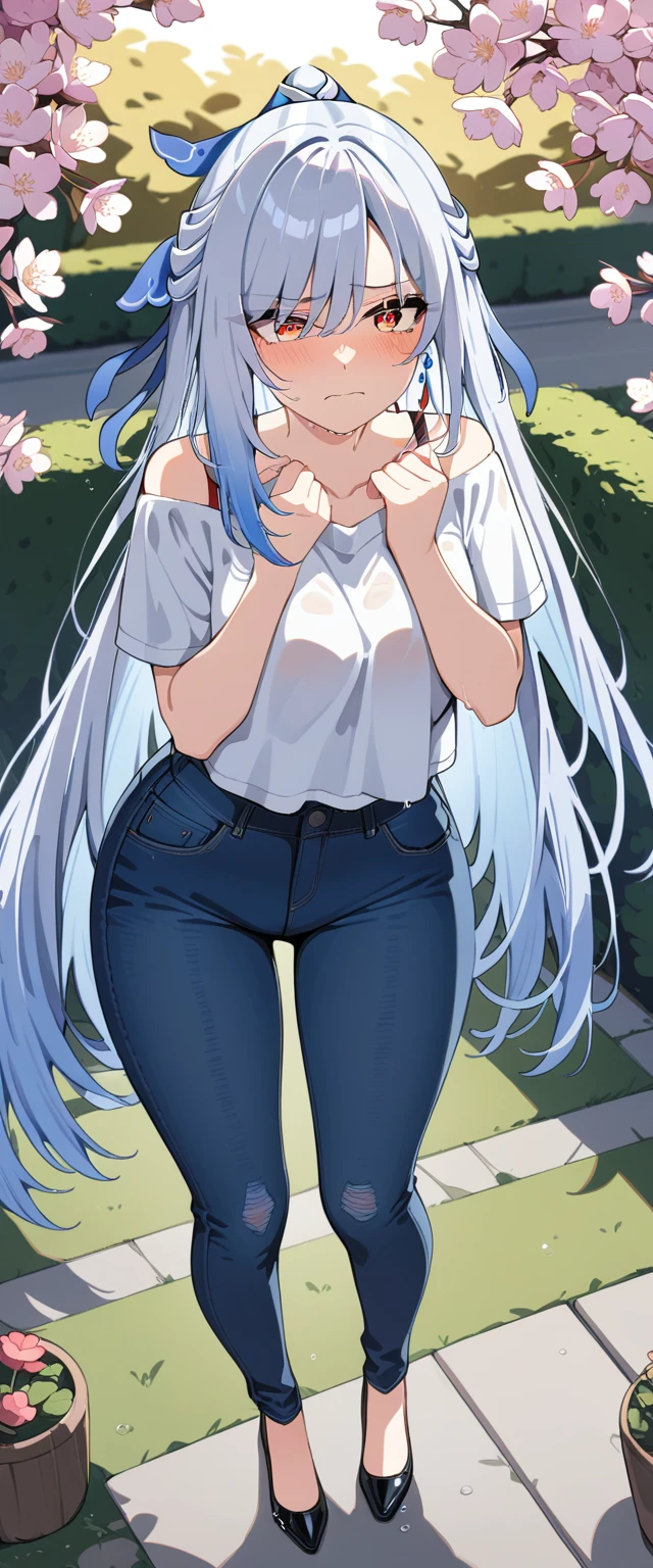 (masterpiece:1.37), best quality, (extremely detailed:1.37), (1girl:1.5), woman, (mature:1.5), (adult:1.5), jingliu, white hair, long hair, ponytail, hair ribbon, red eyes, earrings, jewelry, (jeans:1.25), (extremely detailed eyes:1.37), (wetting self:1.75), desperation, (standing:1.5), embarrassed, humiliation, blushing, angry, cherry blossoms, garden, (golden hour:1.5), full body, (crossing legs:1.5), from above