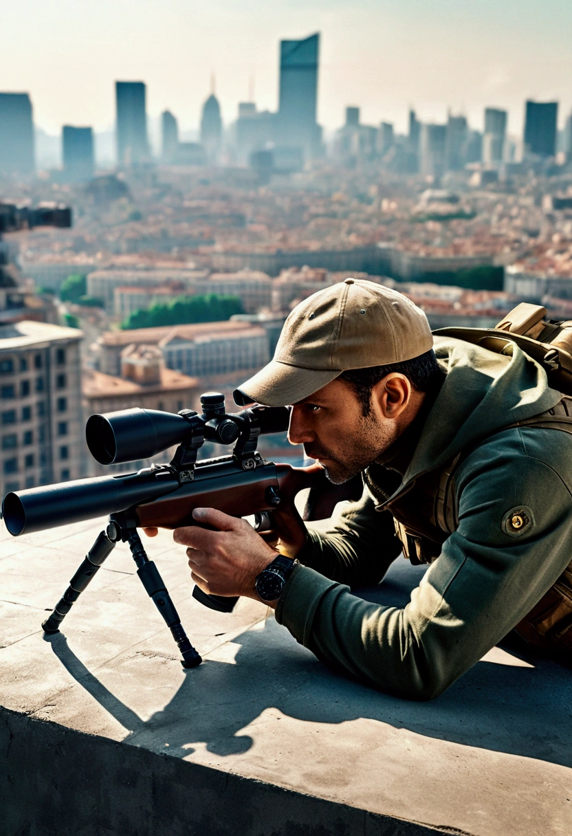 (Sniper), A legendary sniper is hiding in the jungle, his camouflage suit blending seamlessly with the surrounding environment. He stares at the sight, and a tense atmosphere permeates the air, full body, award-winning, cinematic still, emotional, vignette, dynamic, vivid, (masterpiece, best quality, Professional, perfect composition, very aesthetic, absurdres, ultra-detailed, intricate details:1.3)