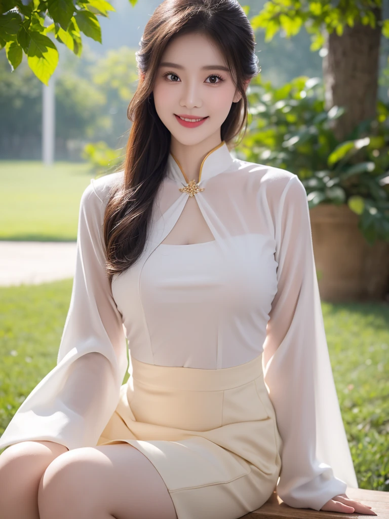 girlcuchoami, 1 Girl, Smile, Ao Dai White, Photography Art, flower, A stunning photo，High color saturation, Ultra-high resolution,(Practical:1.4)),Deep Shadows,(best quality, masterpiece), Pale skin, Dark, In the shade, flurry, blush, Very detailed, Skinny, Break the depth of field, Film Grain, Skin wrinkling, Looking at the audience, knee, warm Smile, (Upper Body), masterpiece,ultra Practical,32k,Extremely detailed CG unity 8k wallpaper, best quality，((Full breasts：1.5))Full breasts，（Huge breasts：1.5）Huge breasts，Breast augmentation