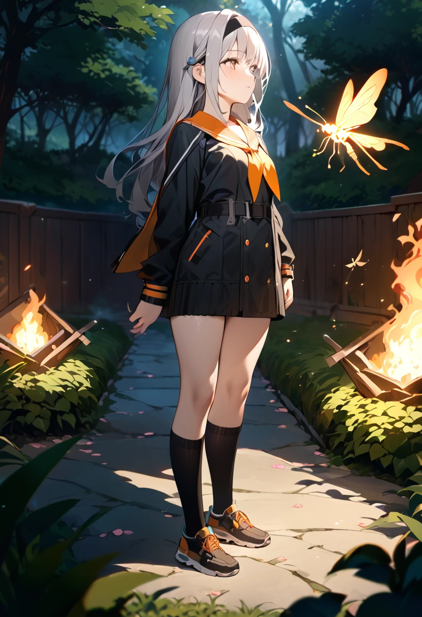 masterpiece,Highest quality,High resolution,Very detailed,(encounter_Audience:1.1),alone,One girl,Small breasts,Are standing,Outdoor,garden,Cherry Blossom,wood,whole body,fire Fly,Black hair band,Long Hair,Grey Hair,Jacket,Orange neckerchief,Knee socks,