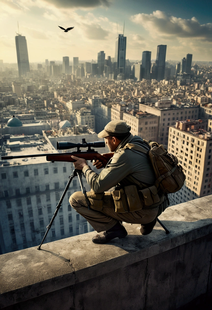 (Sniper), A legendary sniper is hiding in the jungle, his camouflage suit blending seamlessly with the surrounding environment. He stares at the sight, and a tense atmosphere permeates the air, full body, award-winning, cinematic still, emotional, vignette, dynamic, vivid, (masterpiece, best quality, Professional, perfect composition, very aesthetic, absurdres, ultra-detailed, intricate details:1.3)