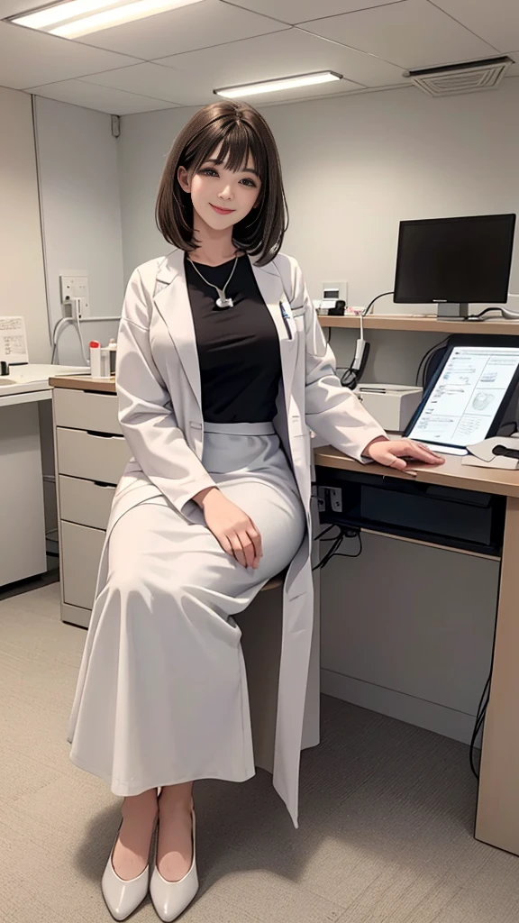 Doctor, 1 woman, solo, sitting (Looking at the audience), (white lab coat), long skirt ,Stylish clothes mature woman /(dark brown hair/) Bangs, smiling kindly (The best quality masterpiece:1.2) , Delicate illustrations, Special details, (hospital examination room) In the building, desk (X-ray image of the lungs:1.2) Detailed background