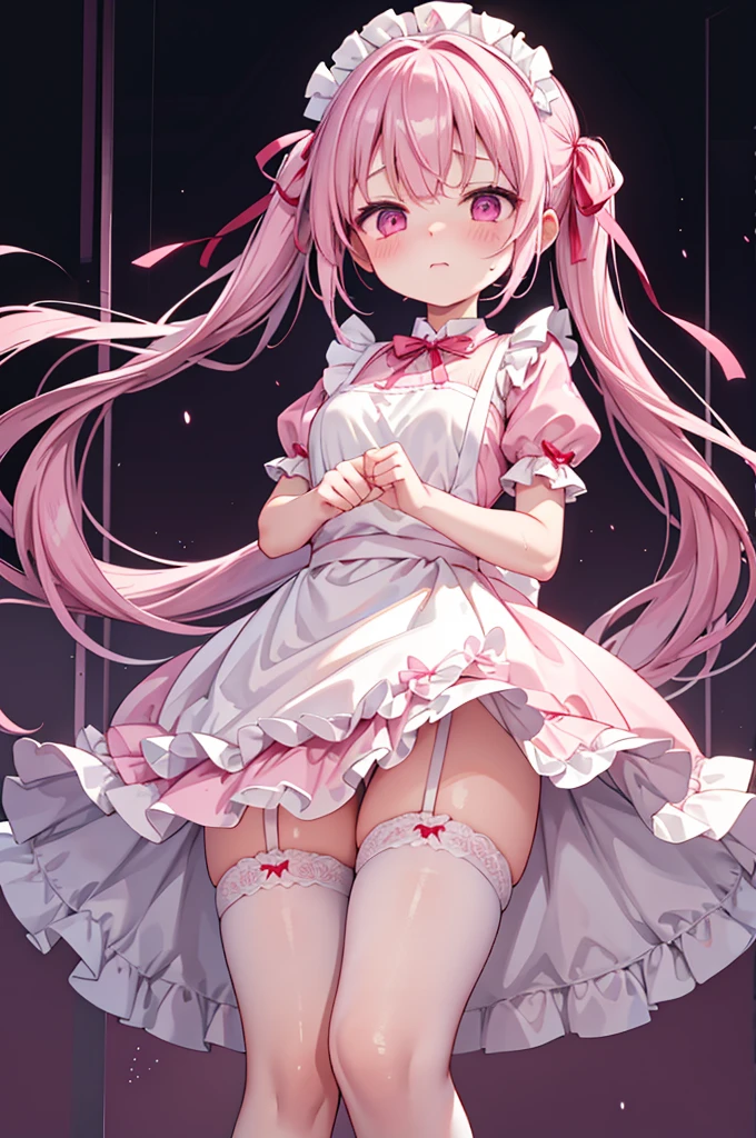 Highest quality、Shiny silk short sleeve puff sleeve pink maid outfit、See-through、Very short skirt、Fluffy red ribbon、A short white ruffled apron、White garter belt with ribbon、Pink high heels with ribbon、Large headband with ribbon、Flushed Cheeks、Embarrassed look、Soaking wet、Strong winds、Overreaching、Facing forward、Looking up from below
