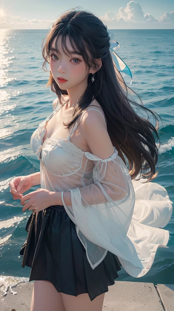 ((Attention to detail)),(Super detailed), 非常に詳細な CG ユニティ 8K 壁紙, Highest quality, 8K, 、girl、Two people、Fluffy long hair,、Mid-chest、Beautiful Skin、Beautiful legs、Thin legs、((smile))、sea,Summer outfit、