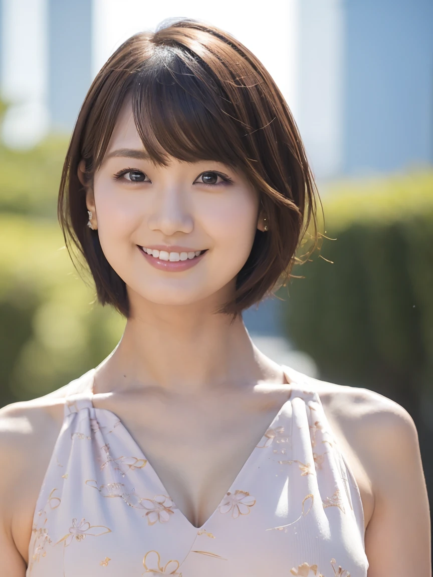 masutepiece, Best Quality, Photorealsitic, finely detail, hight resolution,beautiful japanese woman,beautiful detailed eyes, beautiful detailed lips, extremely detailed face, small head, small areola, cinematic lighting, photorealistic, 8k, high quality, hyper detailed, look at me,smile,(halter dress),(short hair:1.4),(random outside location),(big breasts:1.4),(inoueseika),full body, (Breast bulge:1.2),slender,(bokeh:1.3)