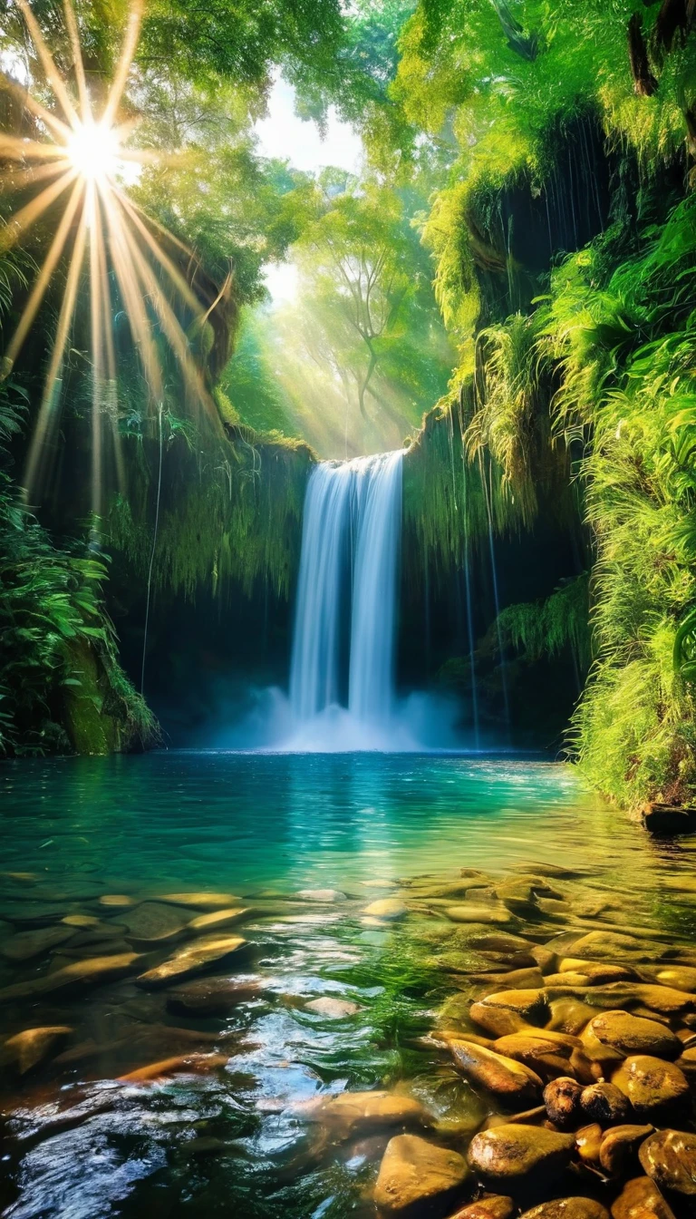 There is a photo of a waterfall,A beam of light shoots out of the waterfall, Mysterious forest lagoon, forest ray, Magic forest background, magical environment, some sunshine, beautiful and mysterious, mysterious environment, Amazing screensaver, The gateway to the ethereal realm, Ethereal beams, With ethereal light, reflected light, Sunlight reflected on the river, portal to another world,Tyndall effect,reflection,Heart-shaped