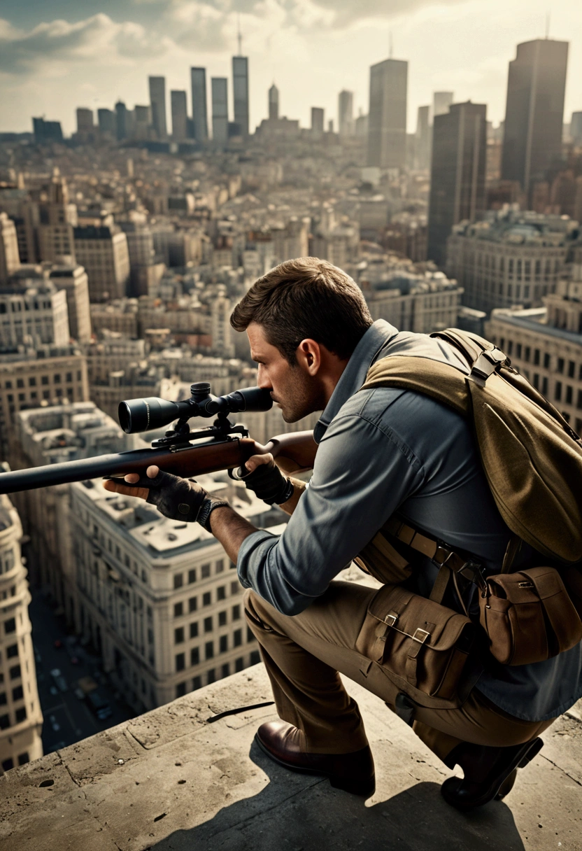 (Sniper), The sniper hid in the shadow of city building top, his gaze fixed firmly on the target below, a busy city scene in the background, bird eye view, full body, award-winning, cinematic still, emotional, vignette, dynamic, vivid, (masterpiece, best quality, Professional, perfect composition, very aesthetic, absurdres, ultra-detailed, intricate details:1.3)