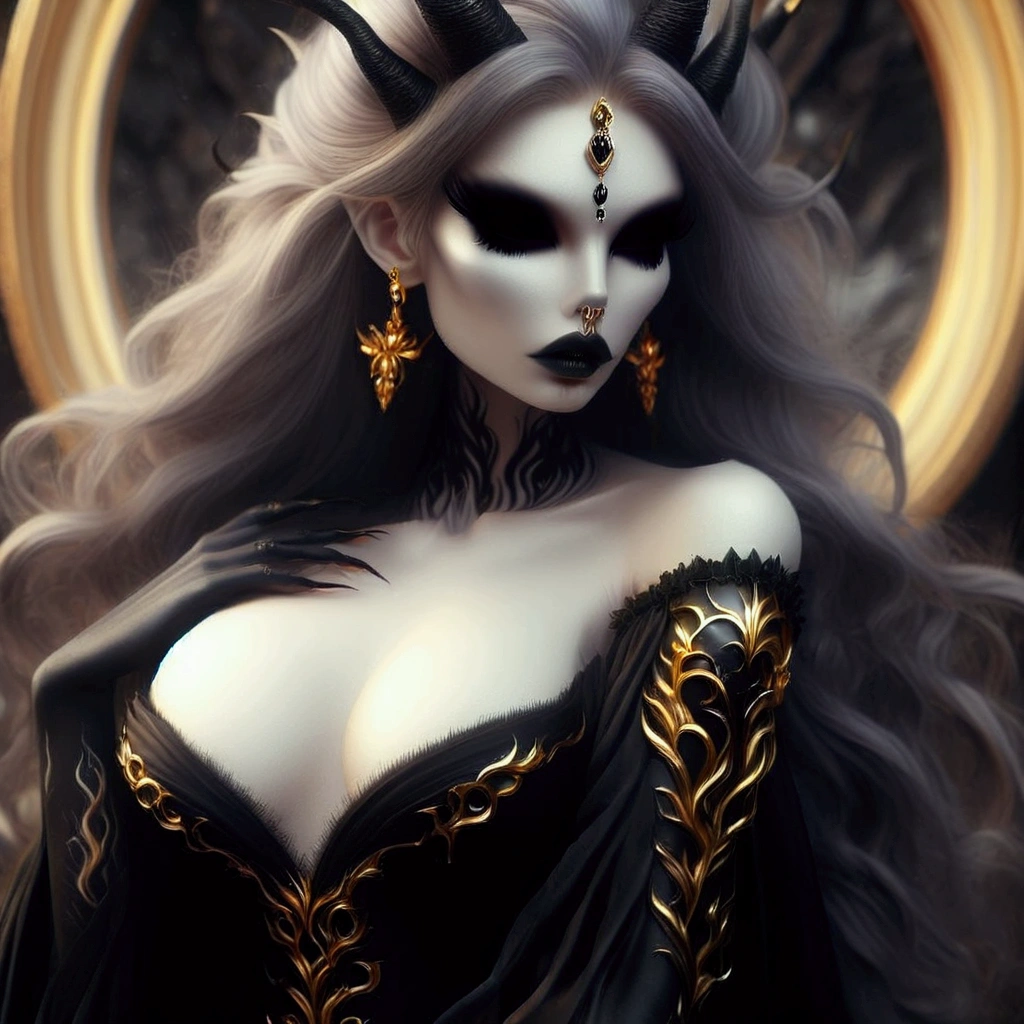 arafed woman with a black dress and gold jewelry in front of a mirror, beautiful elegant demon queen, ((a beautiful fantasy empress)), beautiful sorceress, a beautiful sorceress, a beautiful fantasy empress, portrait of a dark goddess, portrait of a sorceress, in style of dark fantasy art, dark fantasy style art, gothic fantasy art