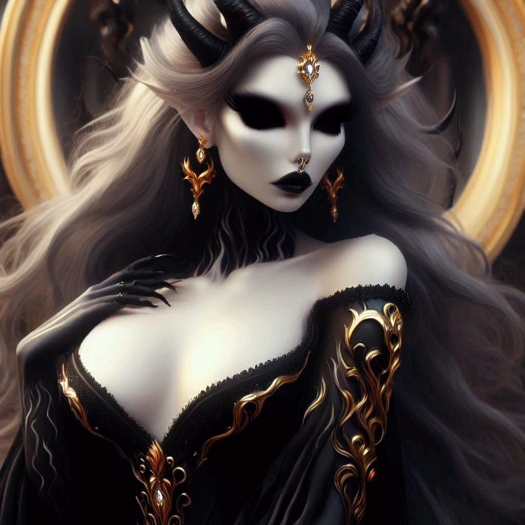 arafed woman with a black dress and gold jewelry in front of a mirror, beautiful elegant demon queen, ((a beautiful fantasy empress)), beautiful sorceress, a beautiful sorceress, a beautiful fantasy empress, portrait of a dark goddess, portrait of a sorceress, in style of dark fantasy art, dark fantasy style art, gothic fantasy art