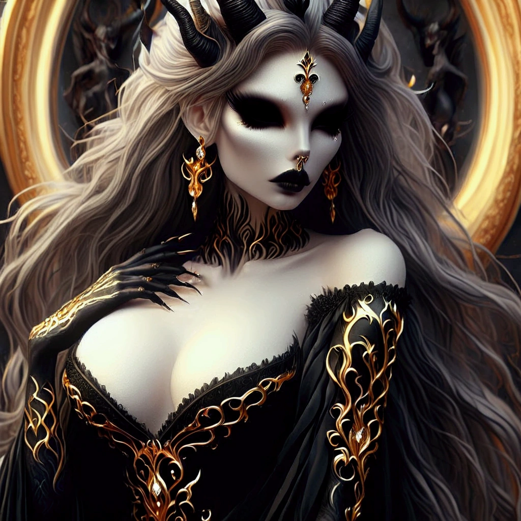 arafed woman with a black dress and gold jewelry in front of a mirror, beautiful elegant demon queen, ((a beautiful fantasy empress)), beautiful sorceress, a beautiful sorceress, a beautiful fantasy empress, portrait of a dark goddess, portrait of a sorceress, in style of dark fantasy art, dark fantasy style art, gothic fantasy art